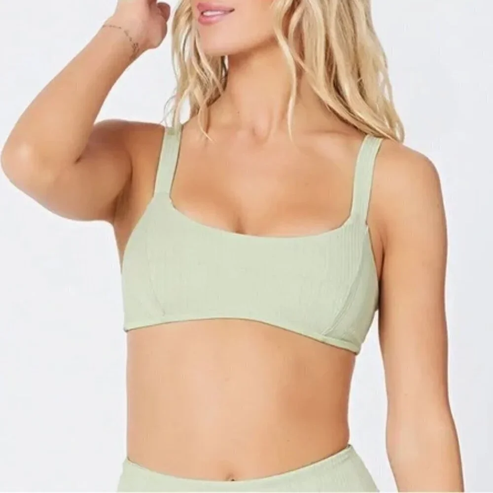 NWT l*space Everyday Pursuits Jess Pointelle Rib Bikini Top in Light Olive Sz. S